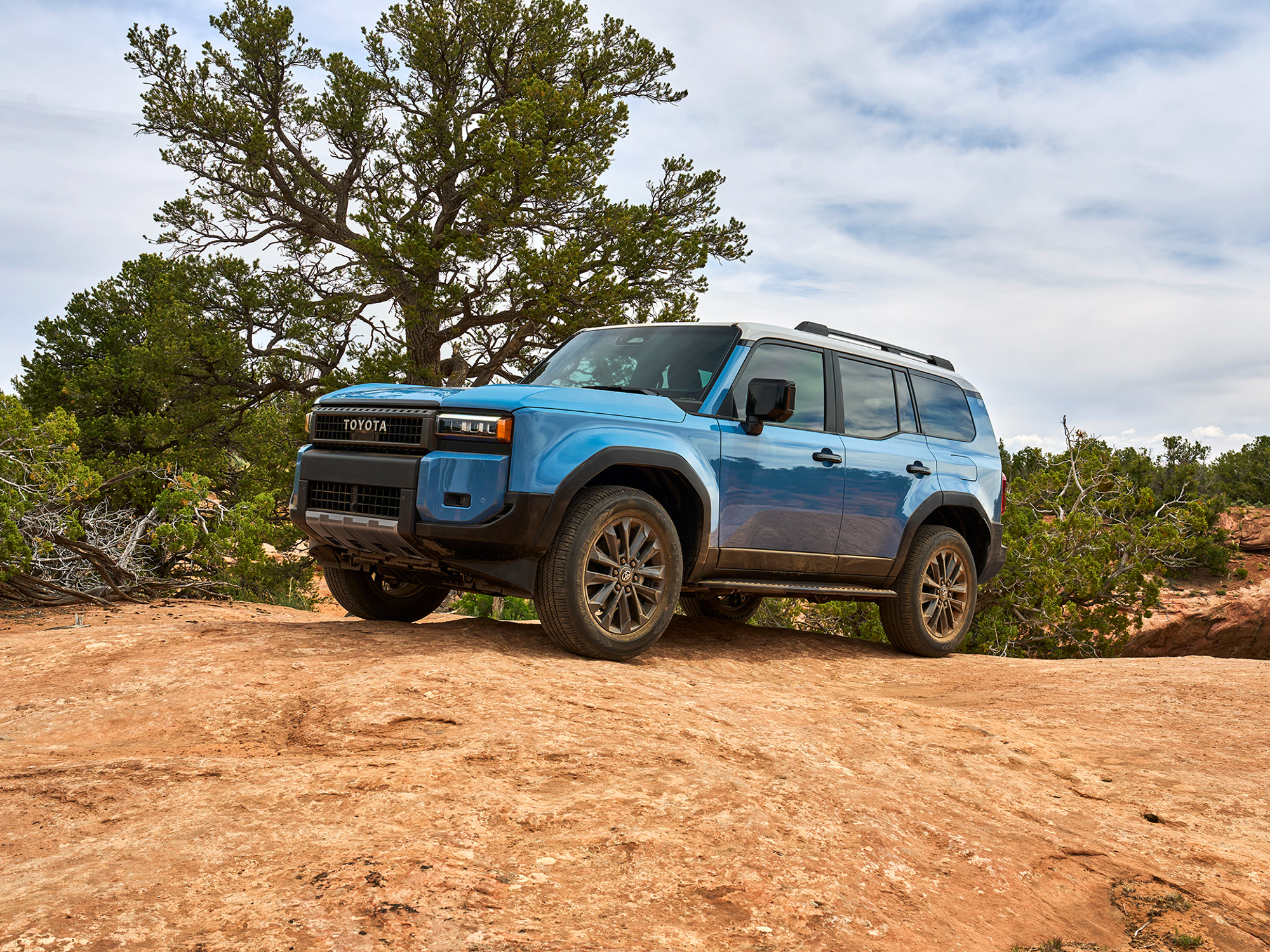 A blue 2024 Toyota Land Cruiser parked on a rocky rise with sparse vegetation in the background.