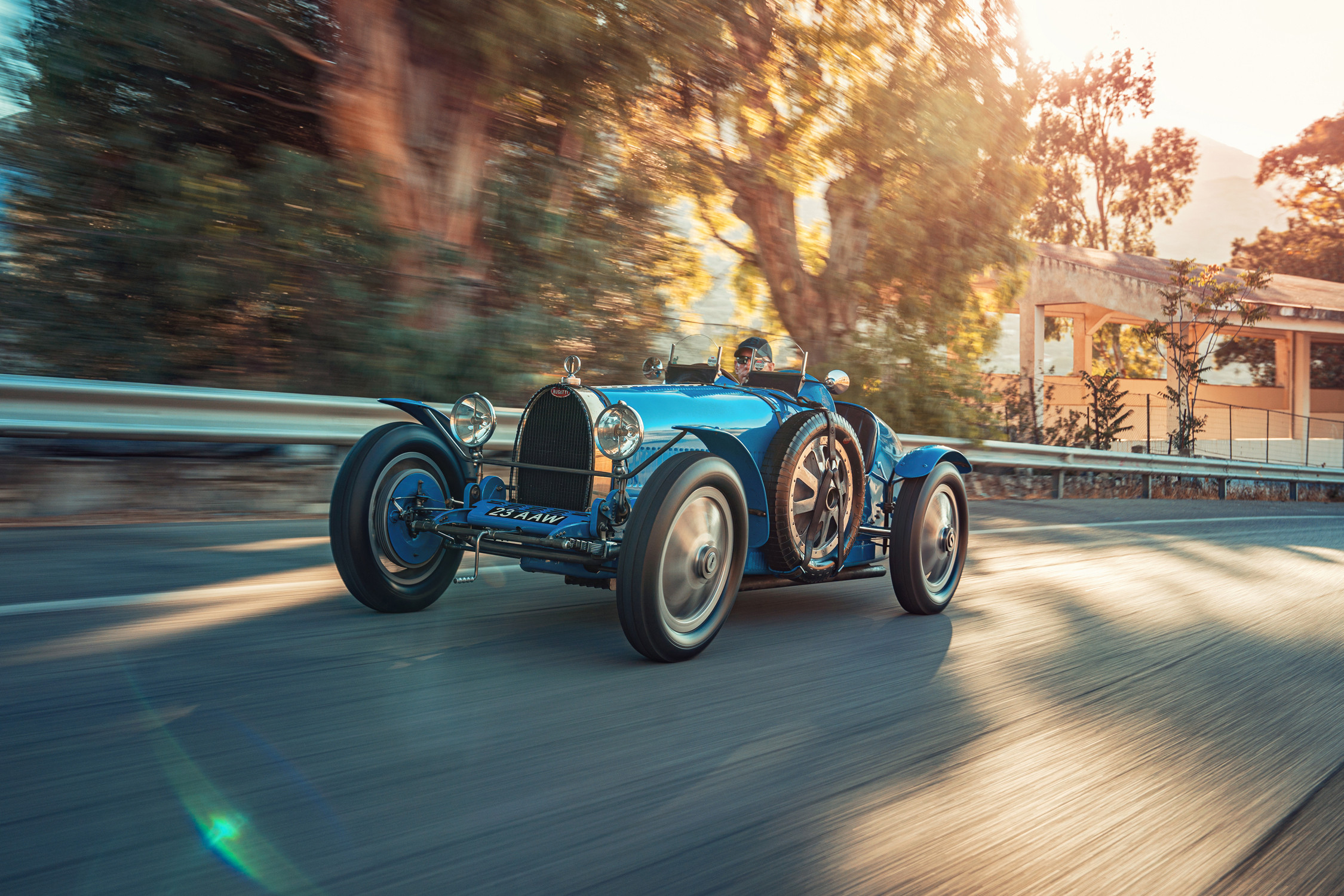 Left front three-quarter photo of a Bugatti Type 35 race car,