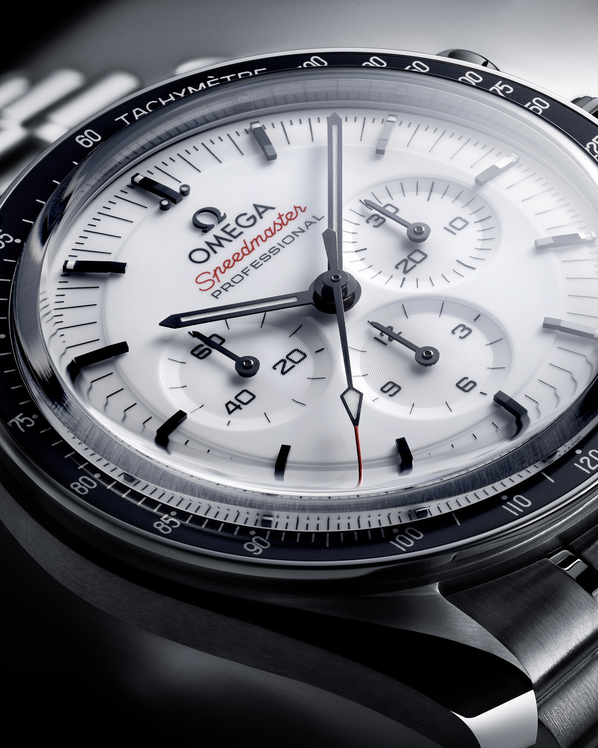 Omega Speedmaster Moonwatch white dial close up