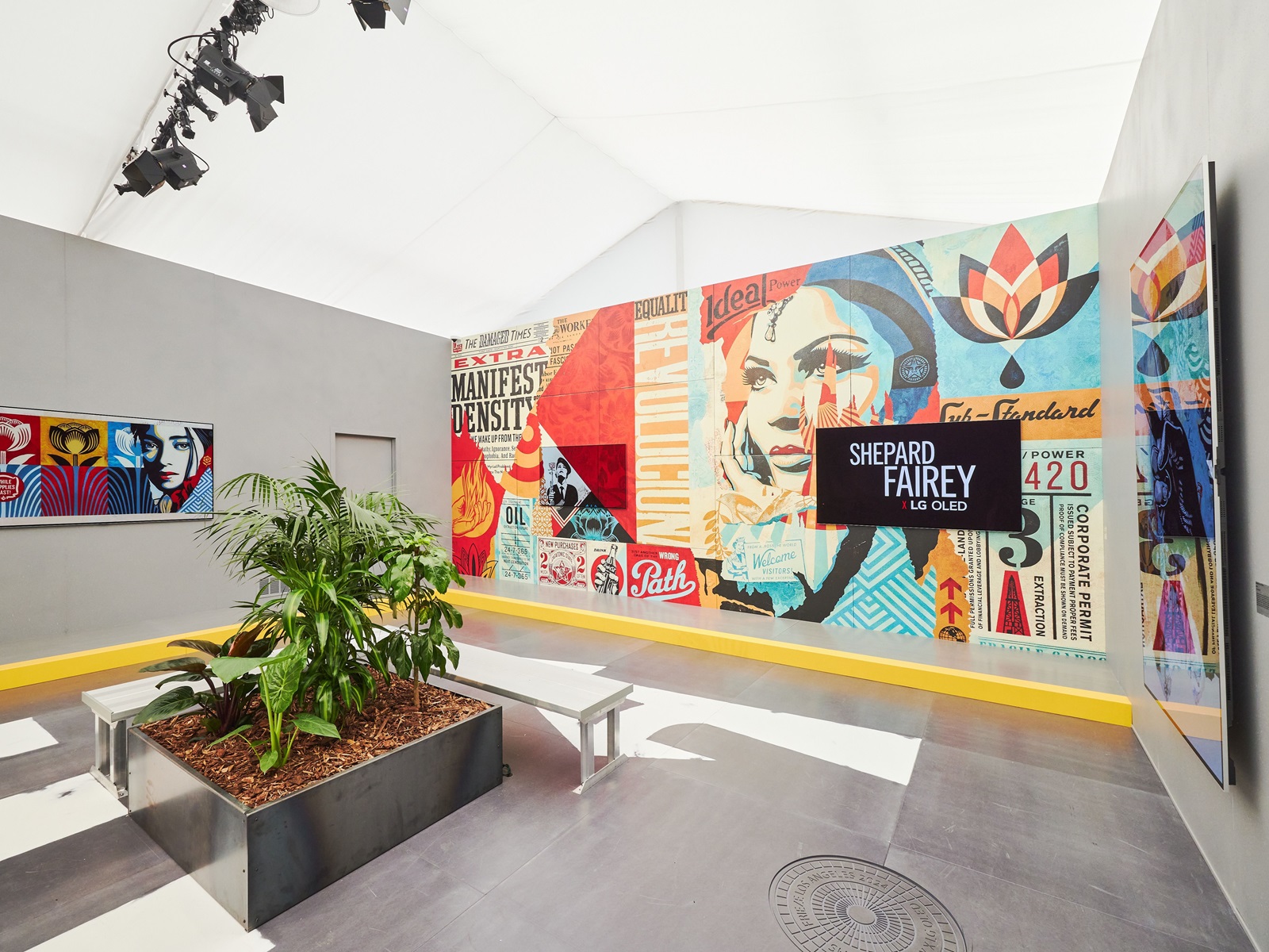 Shepard Fairey X LG OLED Art at Frieze LA 2024 on display via smart TVs.