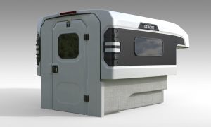 Rear corner view of the Tufport Overlander truck camper concept.
