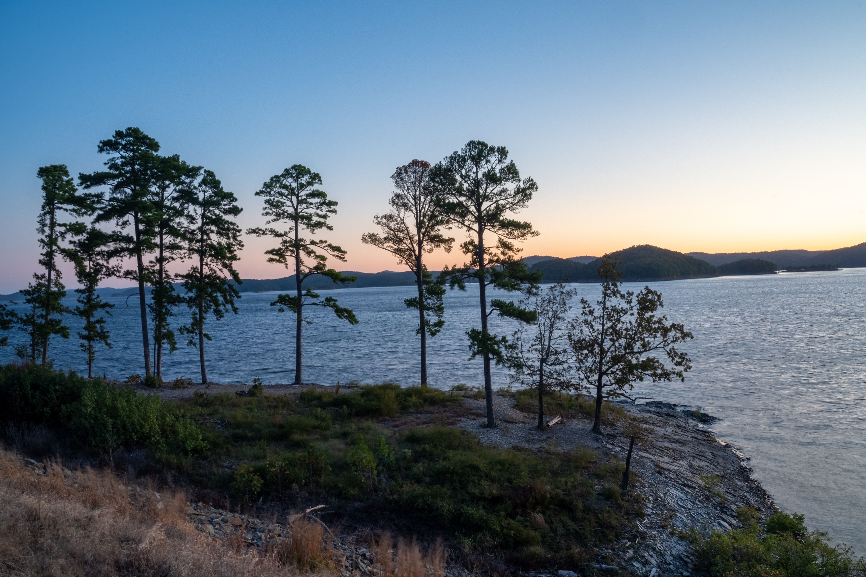 Trees line the water in Broken Bow, Oklahoma.