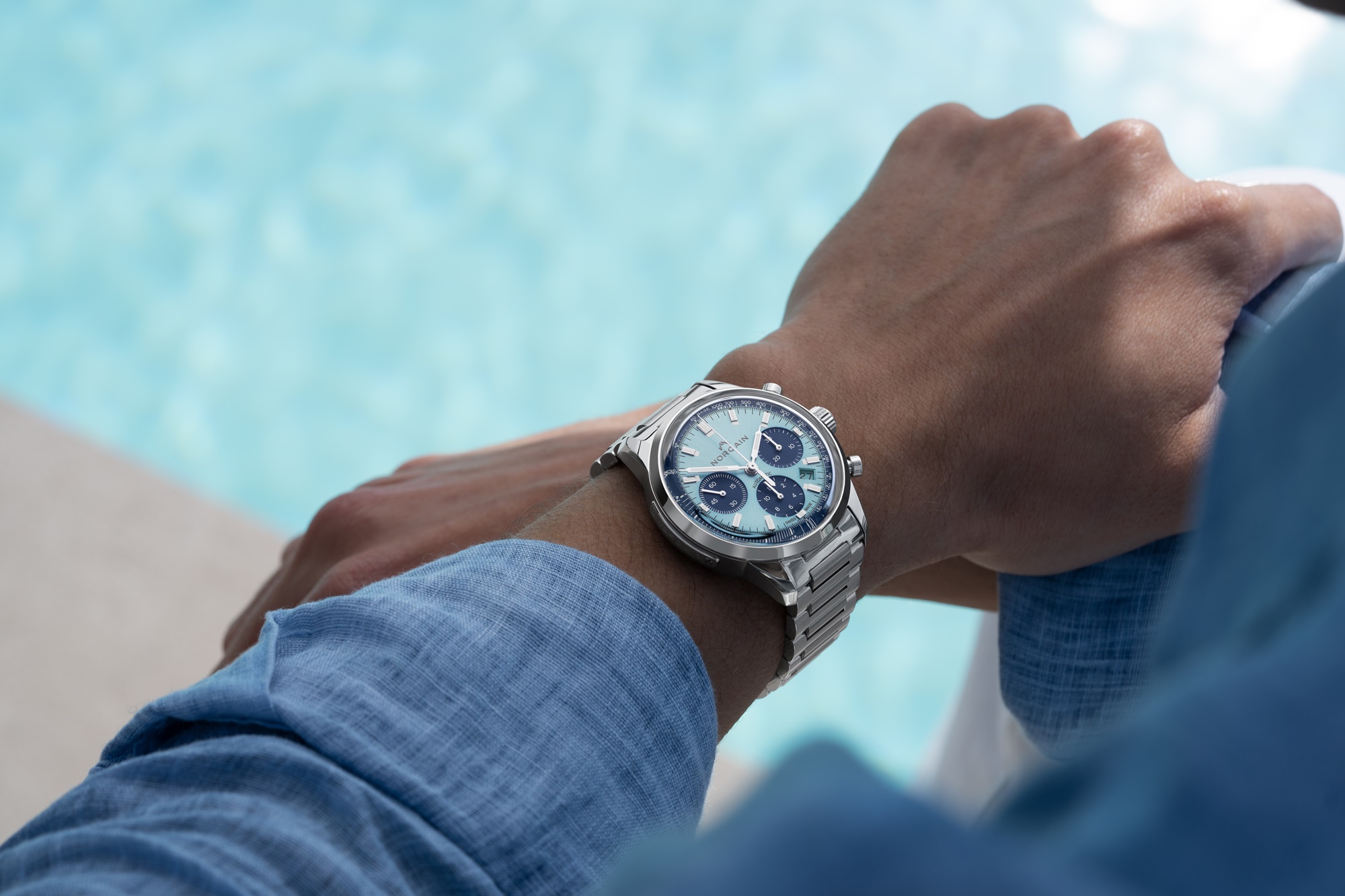 Norqain Freedom Collection sky blue dial on wrist