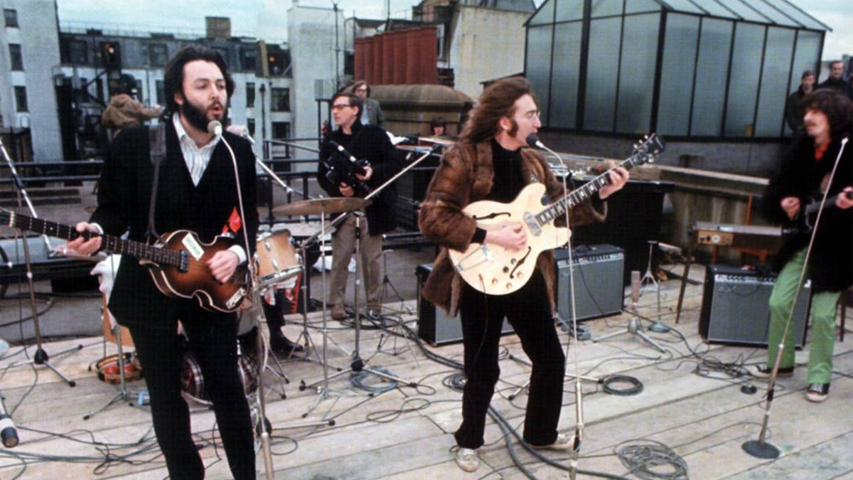 The Beatles perform their rooftop concert in 1970.