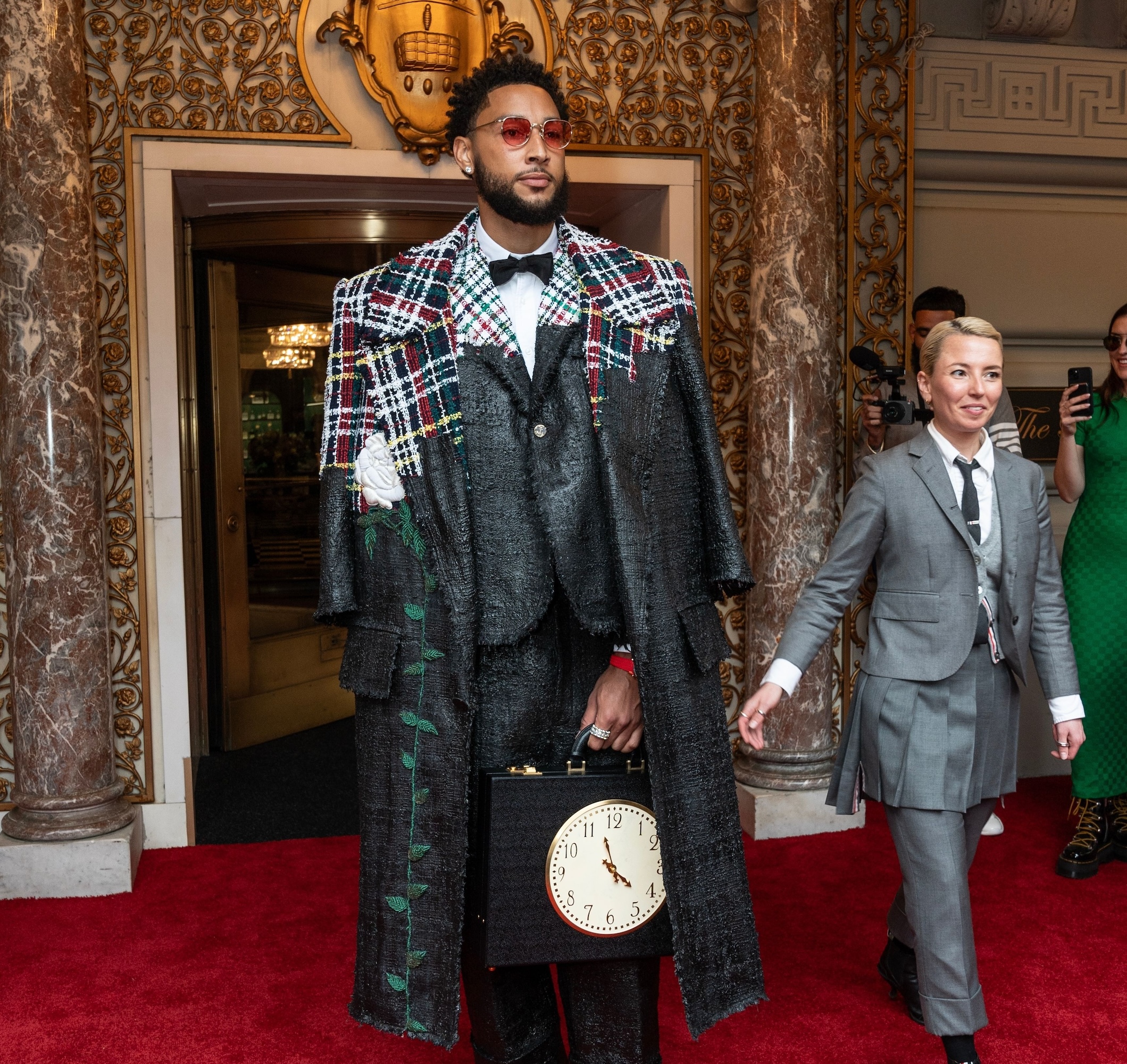 Ben Simmons wearing dress by Thom Browne departs for the 2024 Met Gala on a theme 'The Garden of Time' from The Pierre Hotel in New York on May 6, 2024.