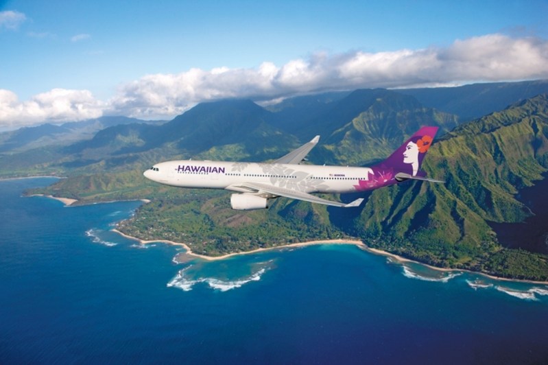 Hawaiian Airlines airplane over the ocean