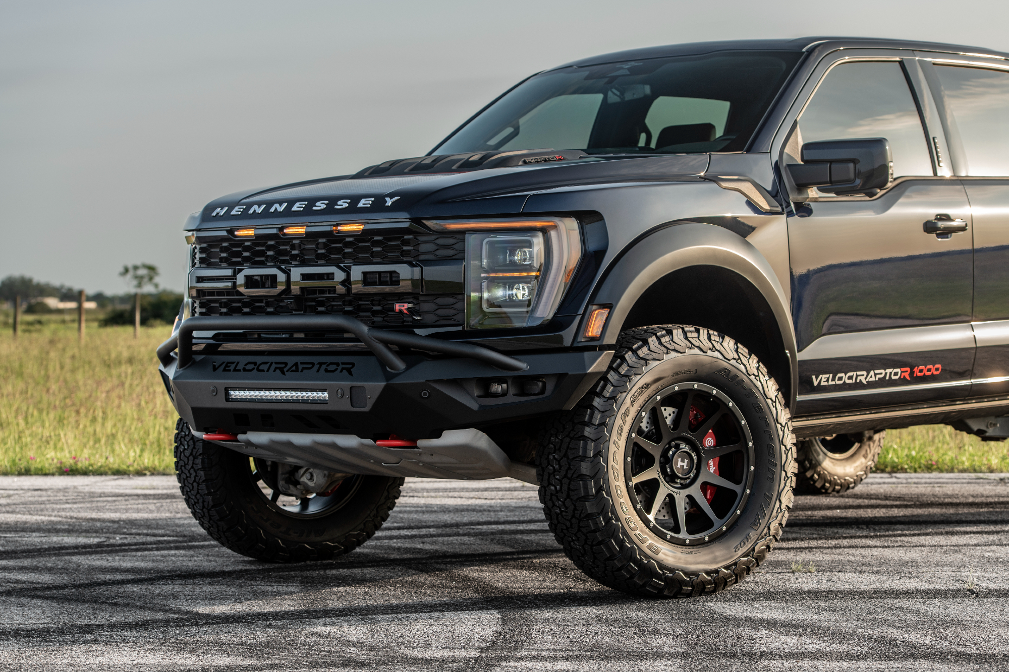 Hennessey Ford VelociRaptoR 1000 Super Truck left front three-quarter view of front quater of the truck.