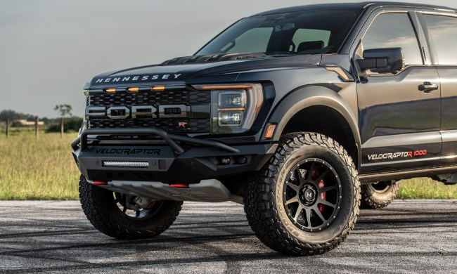 Hennessey Ford VelociRaptoR 1000 Super Truck left front three-quarter view of front quater of the truck.