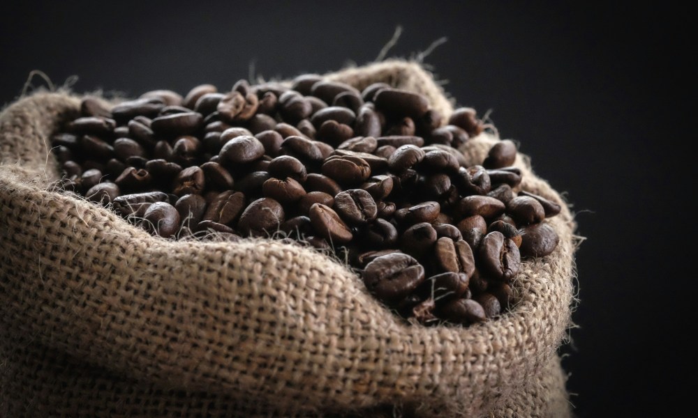 Coffee beans in a burlap sack