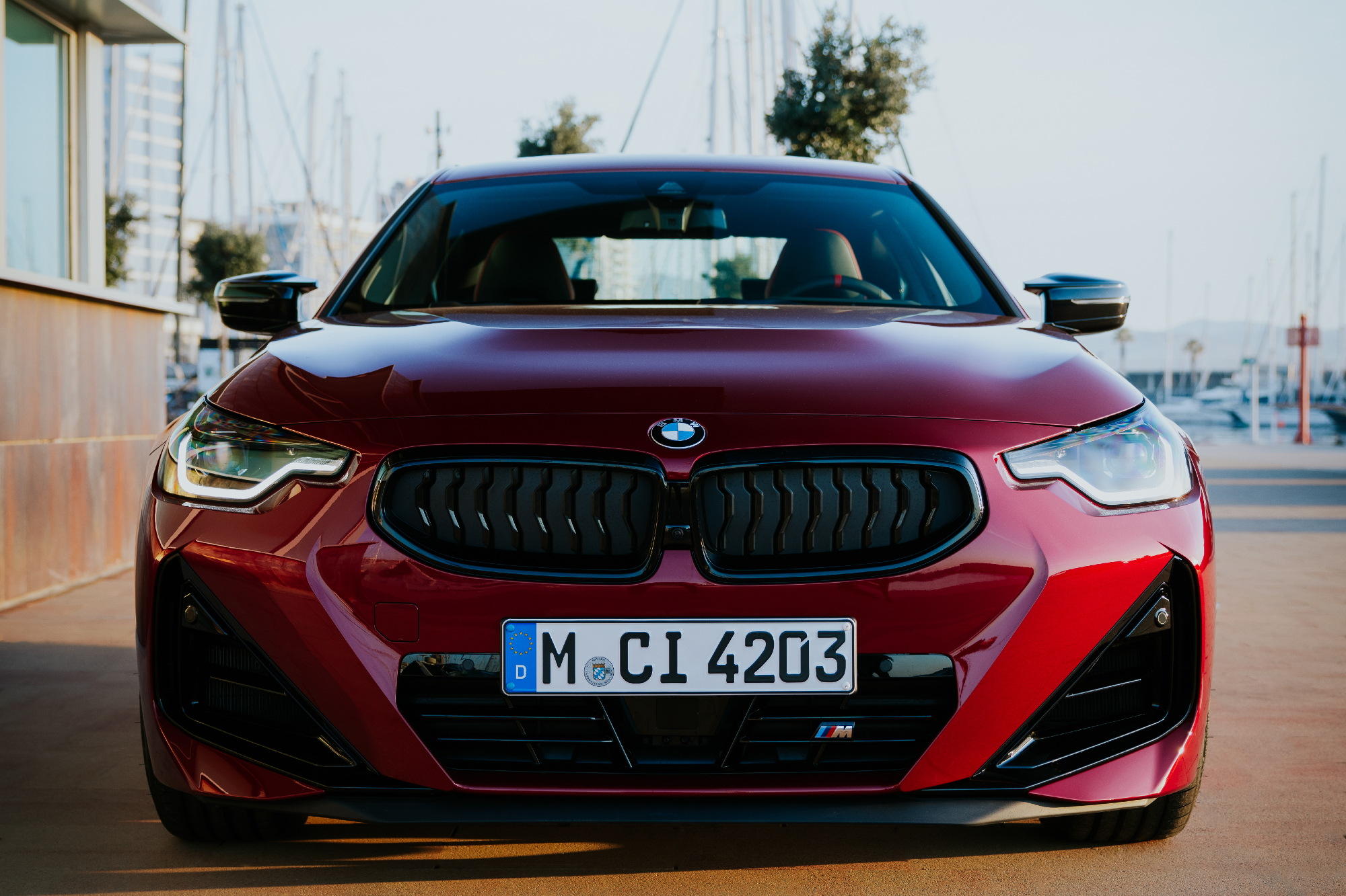 2025 BMW 2 Series Coupe direct front view parked in a yacht club with docking in the background.