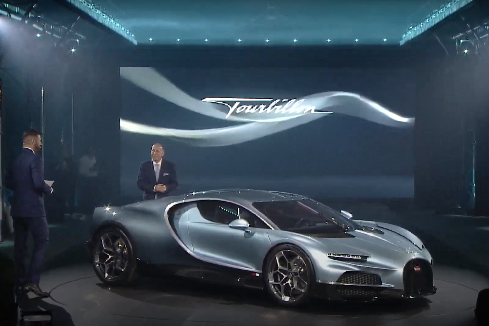 Bugatti CEO Mate Rimac and test track driver Andy Wallace introducing the Bugatti Tourbillon hypercar.