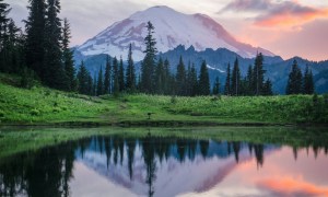 Mount Rainier, a water view, and a pink warm sky view