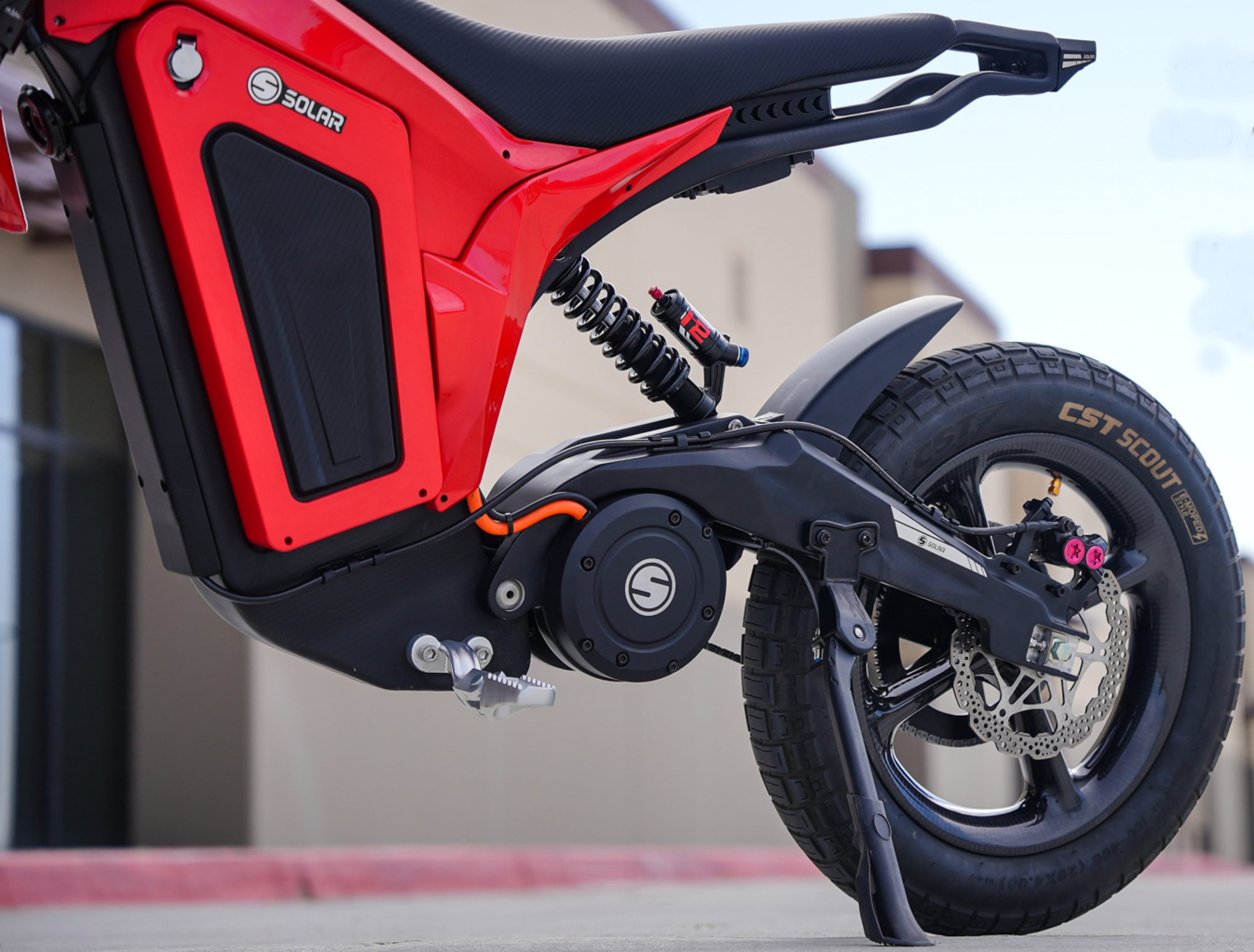 Solar Eclipse Race Edition electric motorcycle rear three-quarters of the bike from the left side.