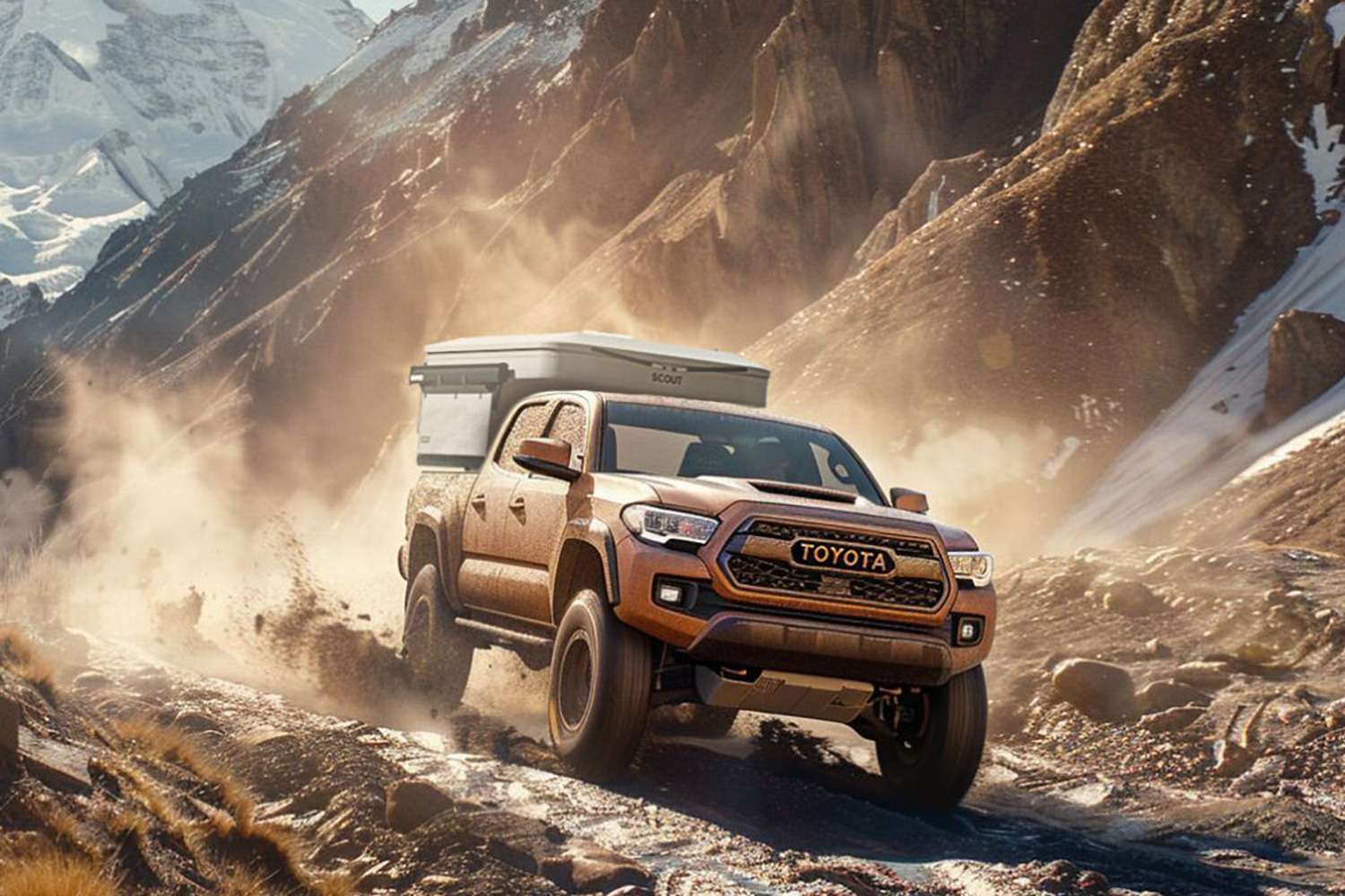 Rendering of a Toyota Tacoma with a Scout Yoho pop-up truck camper installed.
