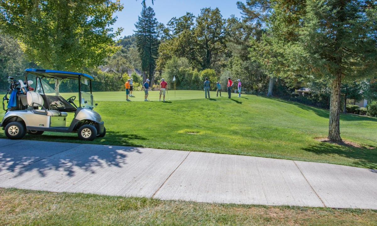 Golfers playing on a course with a golf cart to the side