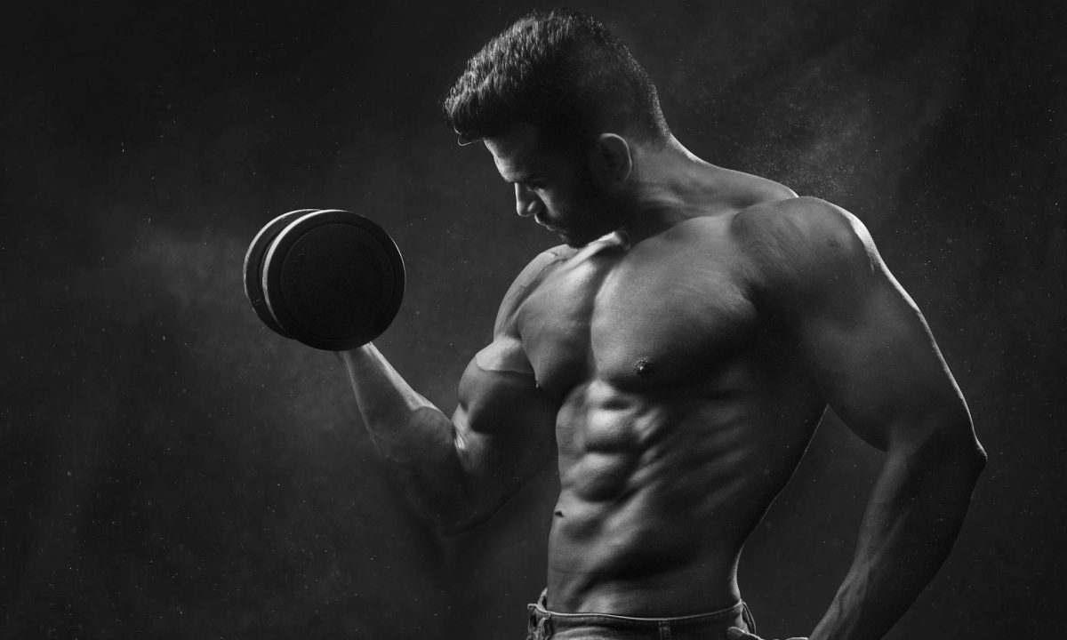 Muscular man bicep curling weight in one hand