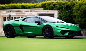 Green Lamborghini Temerario right side view at Pebble Beach during Monterey Car Week.