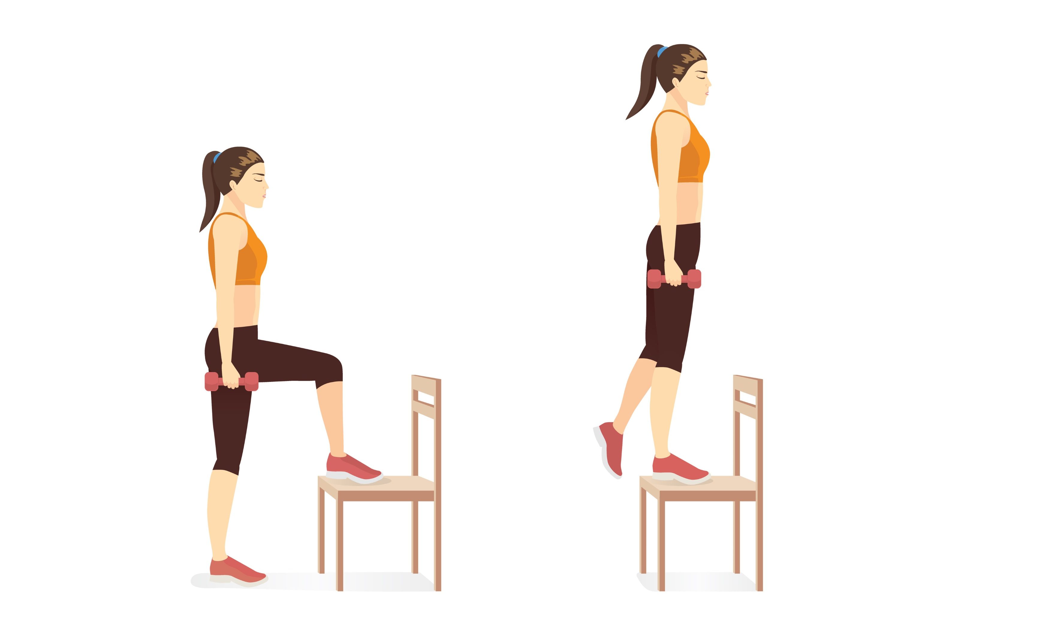 illustration of woman doing weighted step ups with dumbbell on chair