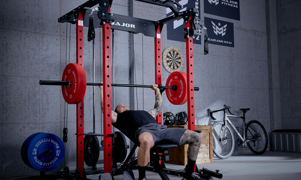 Major Fitness All-In-One Home Gym Power Rack PLM03 with bench for benchpress and weightlifting