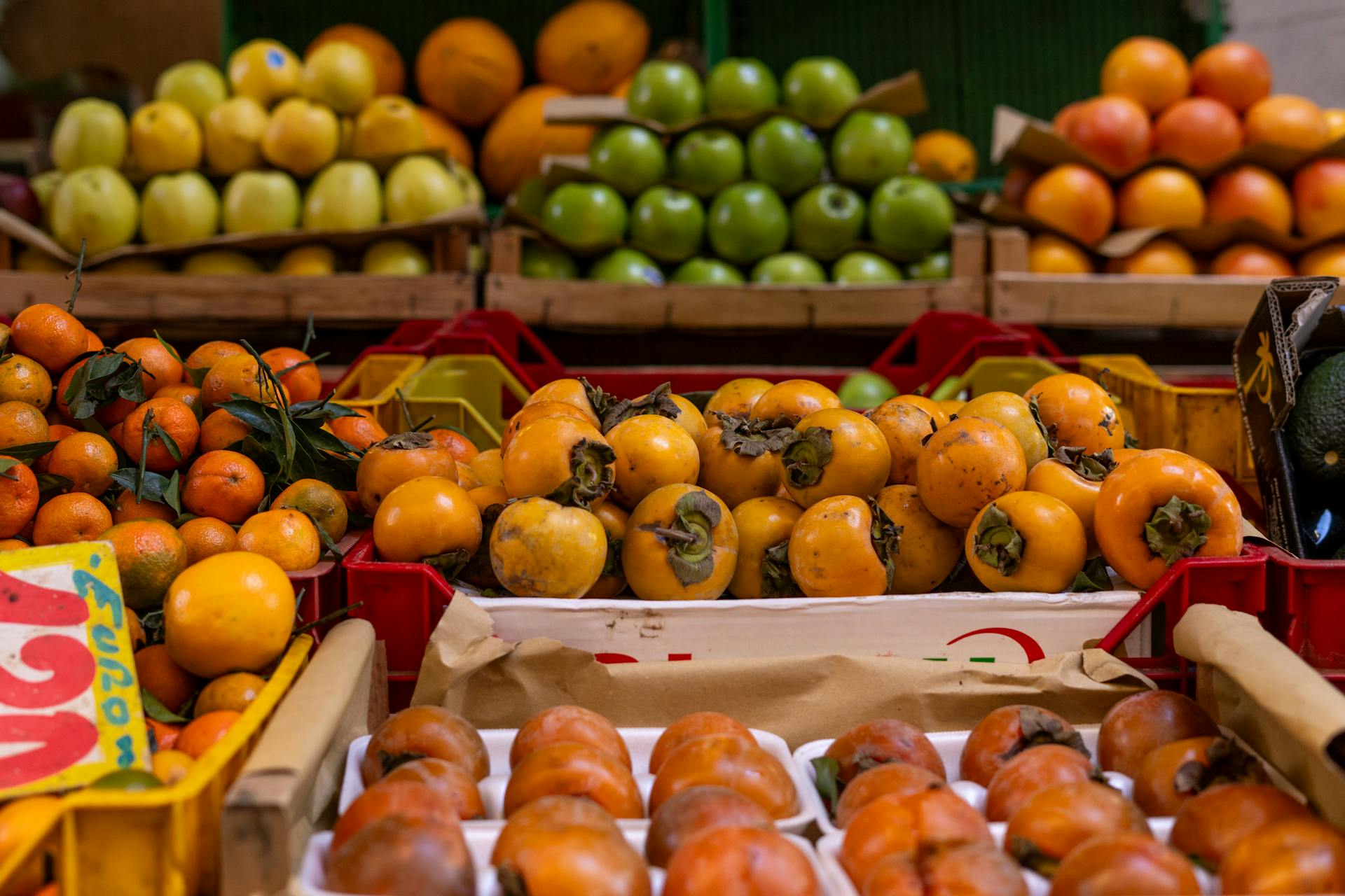 Table of fall fruit including persimmons and citrus