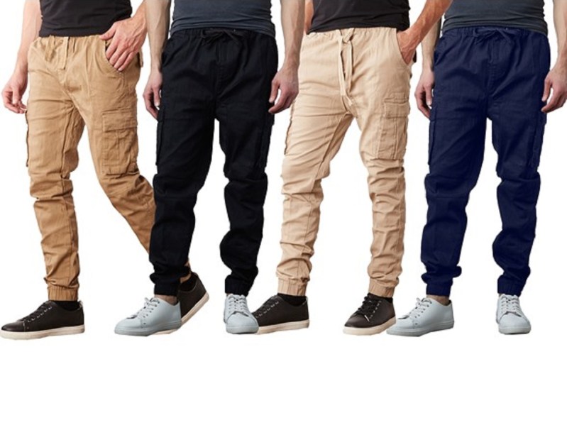 Models wearing the Jump Start Men's Cotton Flex Stretch Cargo Jogger Pants.