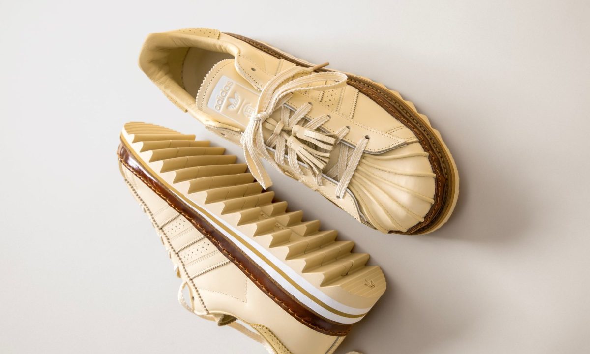overhead view of the adidas superstar sneaker in tan