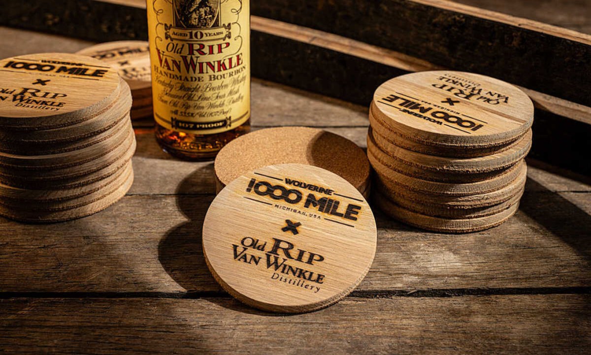 branded coasters sitting on table