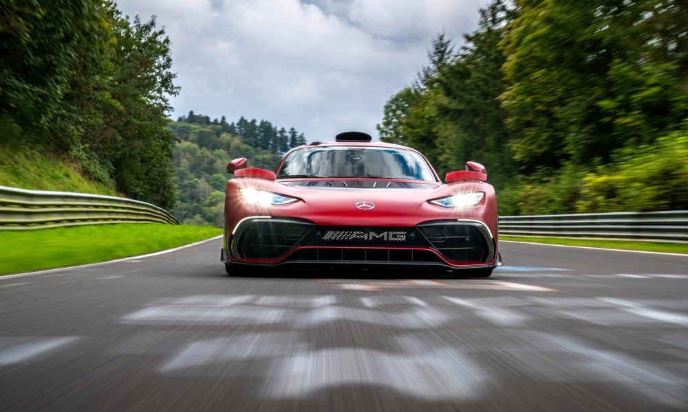 Mercedes-AMG ONE on the Nürburgring-Nordschleife close frontal view.