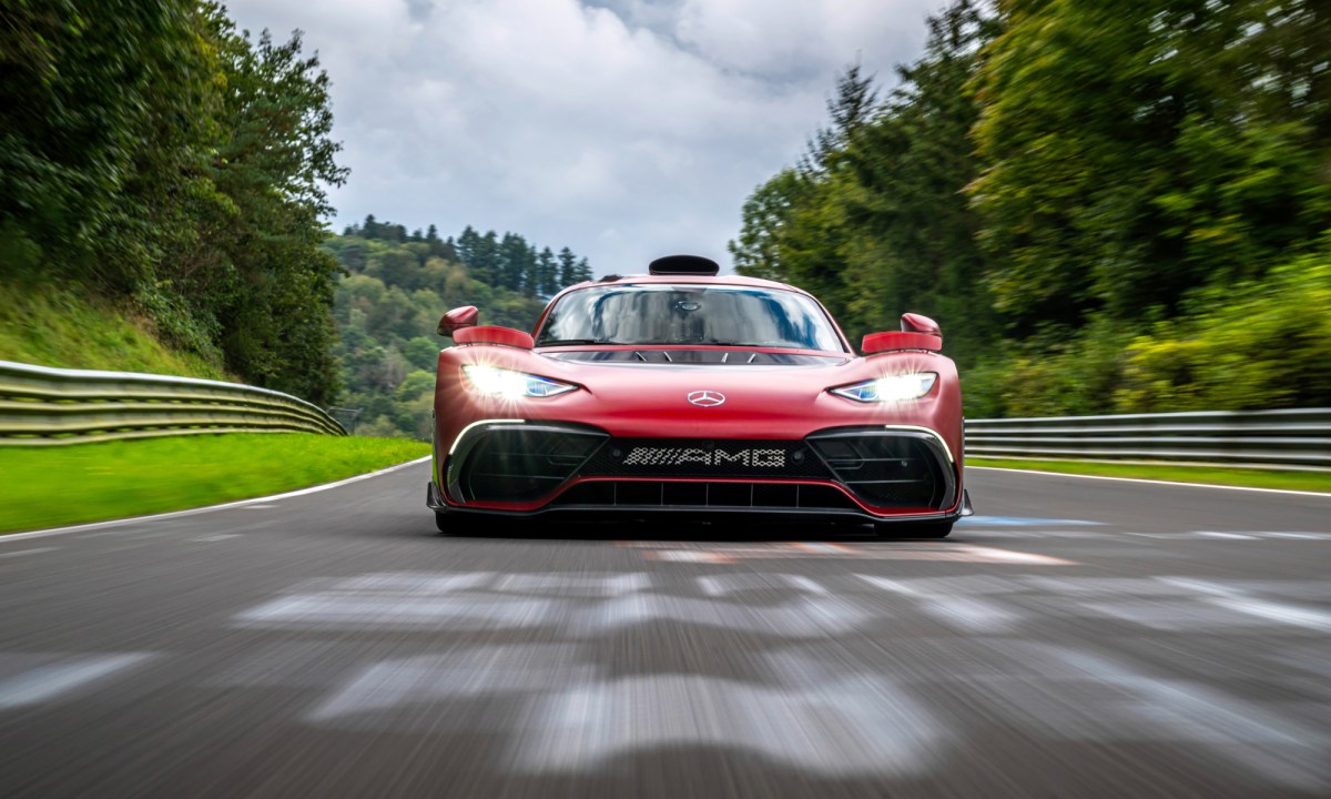 Mercedes-AMG ONE on the Nürburgring-Nordschleife close frontal view.