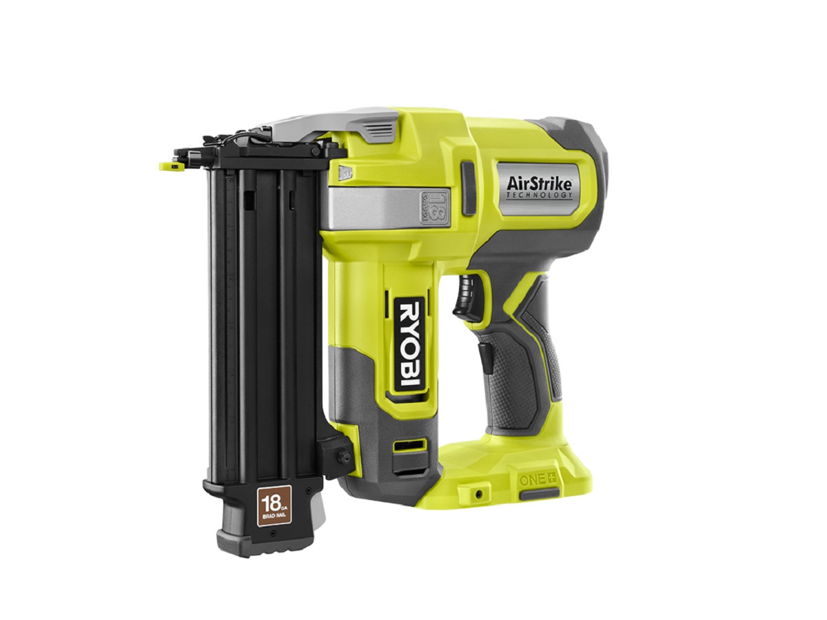 The Ryobi 18V One+ 18-Gauge Cordless AirStrike Brad Nailer on a white background.