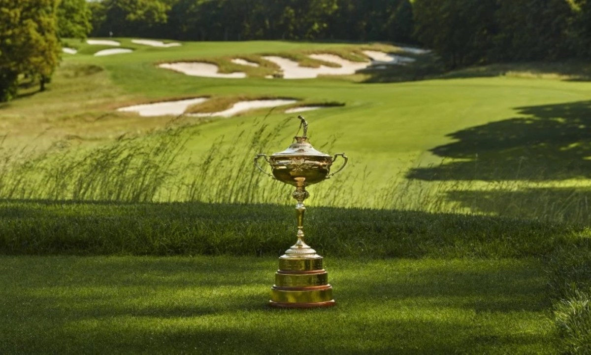 Ryder Cup trophy on the golf course.