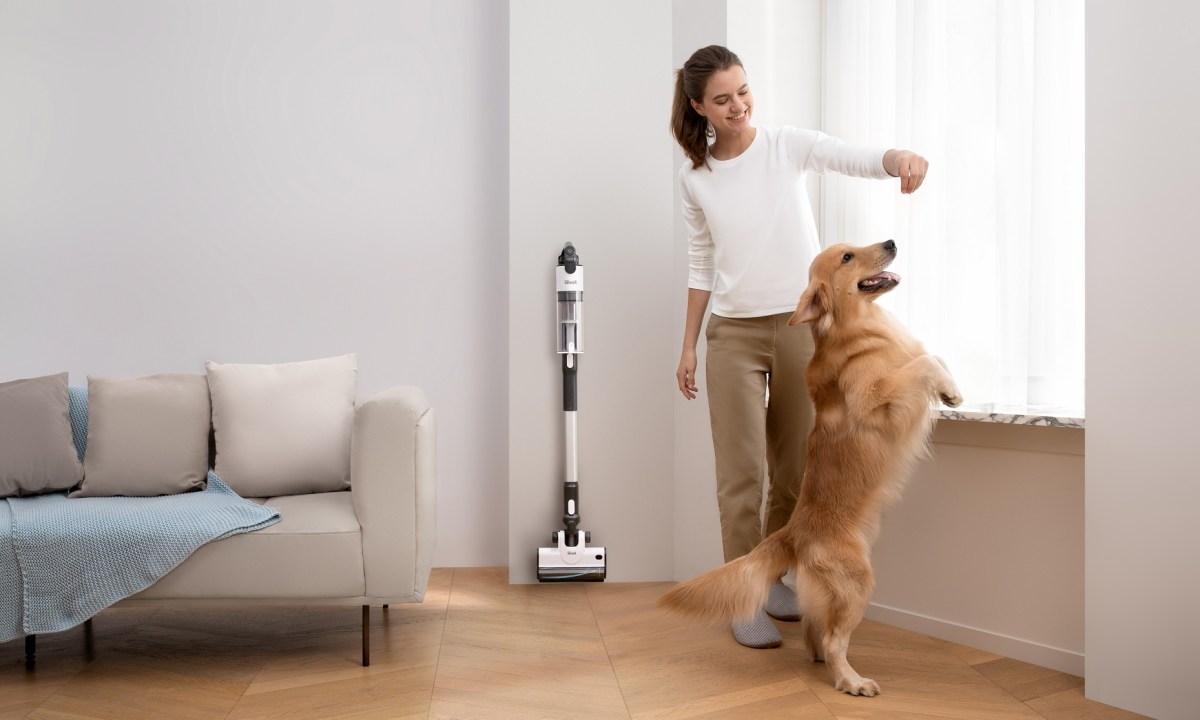 woman playing with dog and Levoit LVAC-200 cordless vacuum in background