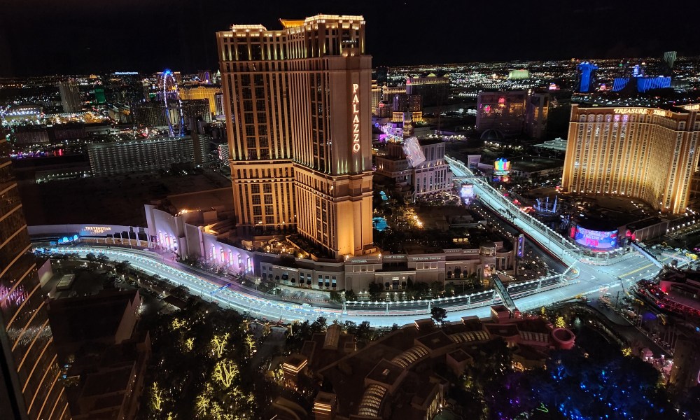The 2024 F1 Las Vegas Grand Prix race circuit as seen from the 60th floor of the Wynn Las Vegas hotel