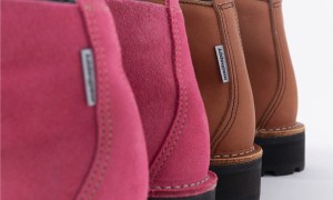 back side view of pink and brown boots