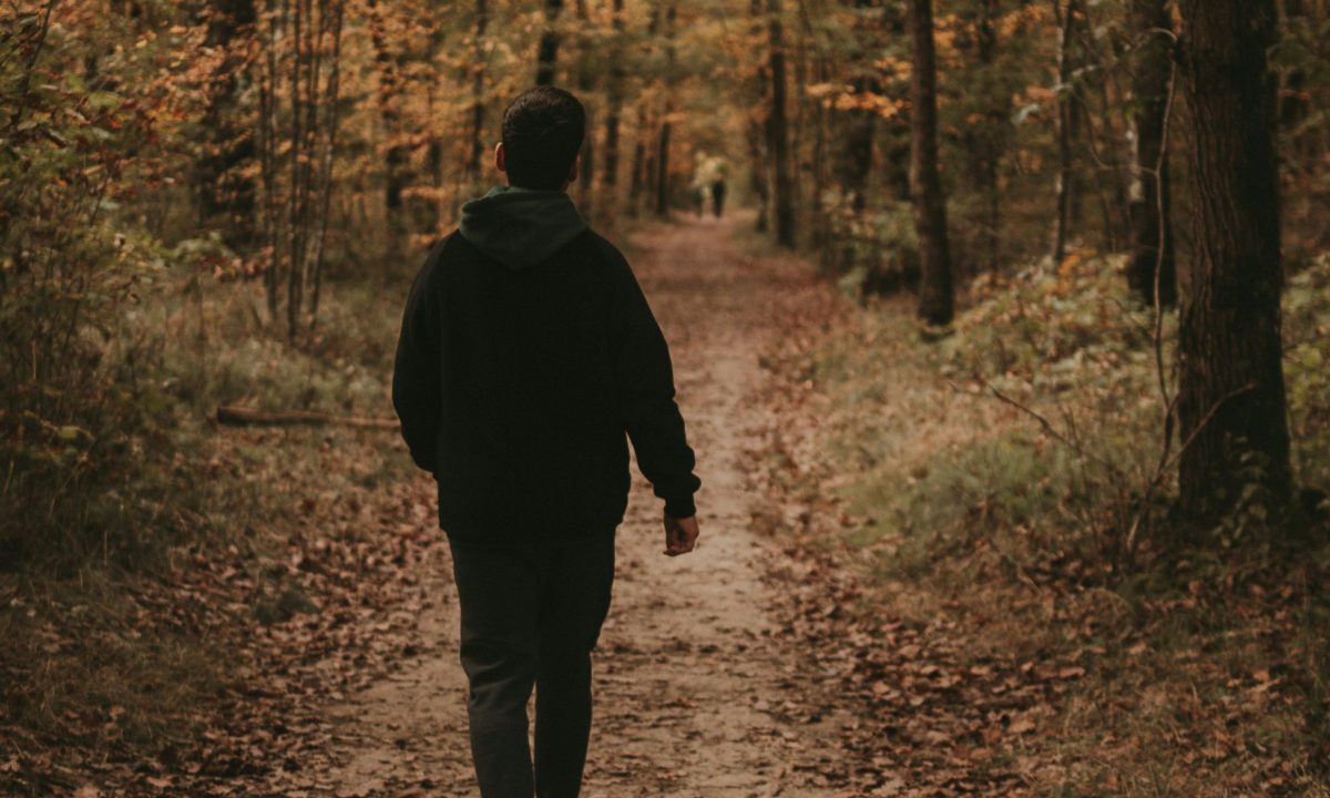man walking outside in nature hiking trees forest