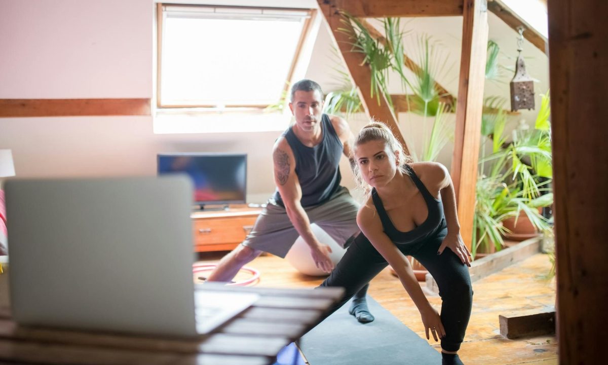 at home workout exercise man and woman class stretch yoga