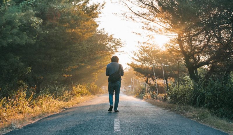 Man walking outdoors through sunlit road trees