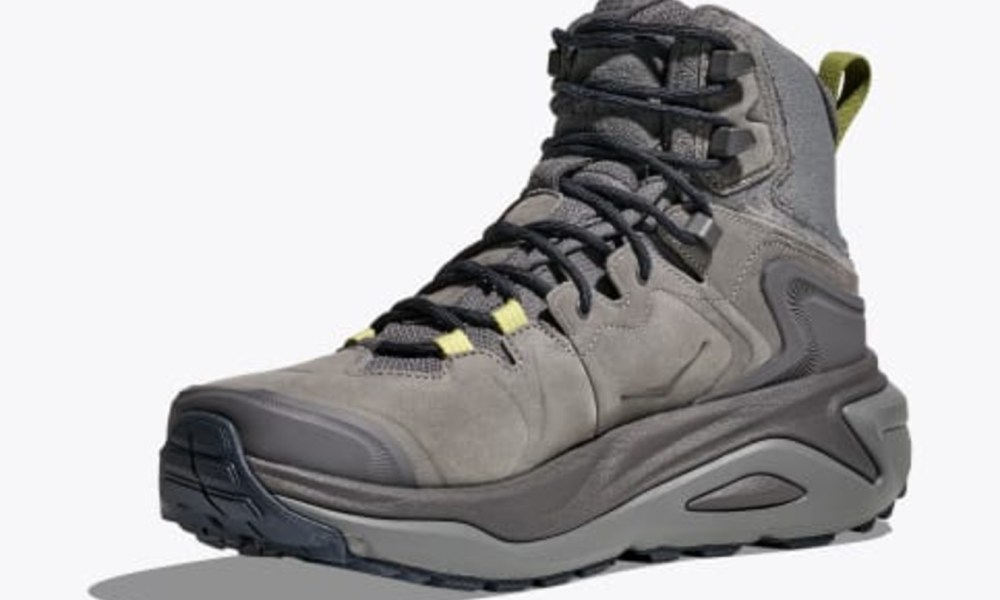 grey trail boot against white background