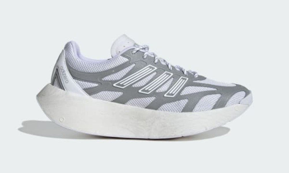 white and silver adidas adizero sneaker