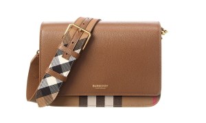 The Burberry Mackford Check Canvas and Leather Shoulder Bag on a white background.