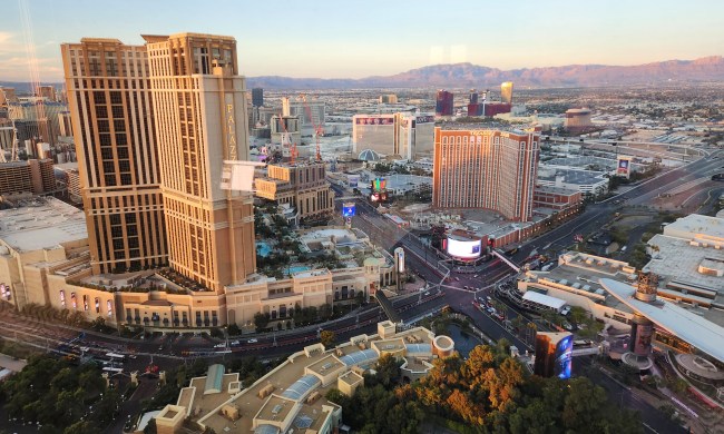 Las Vegas Grand Prix street circuit race track in use by the public during the daytime from the 60th floor of Wynn Las Vegas.