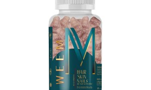 The bottle of the Weem Hair, Skin and Nails Gummies on a white background.