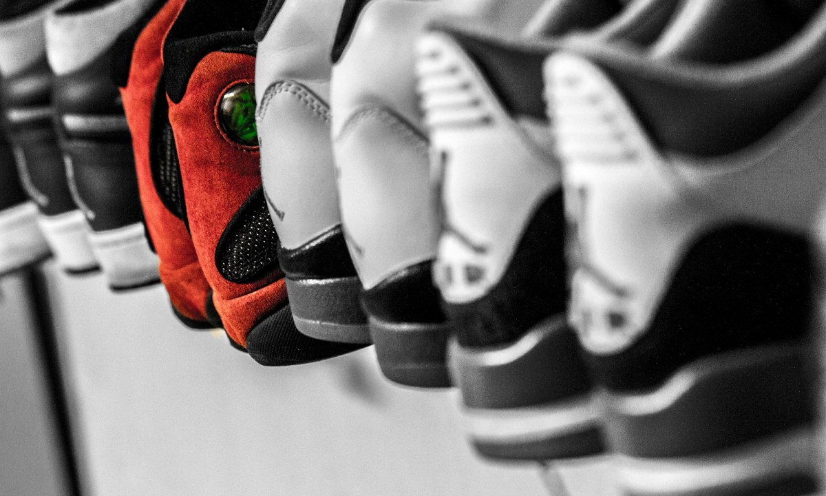 line up of sneakers on rack