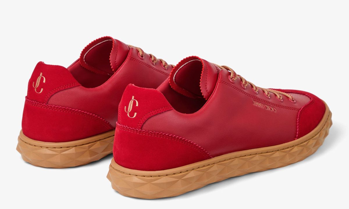view of heels of ruby red sneakers