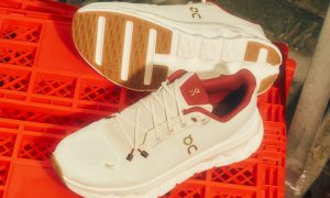 On sneakers on red crates