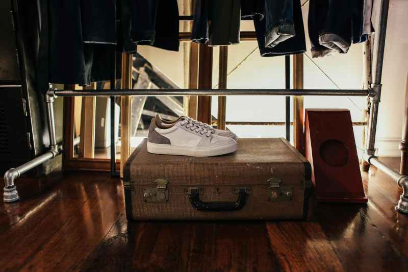 Shoes sitting on top of a suitcase