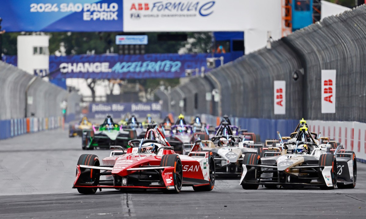 Formula E race cars on the track at Sao Paulo E-Prix.