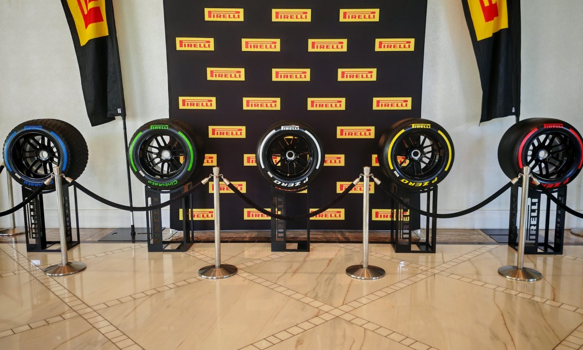 Pirelli F1 tires on display, soft, medium, hard, intermediate and full wet compounds