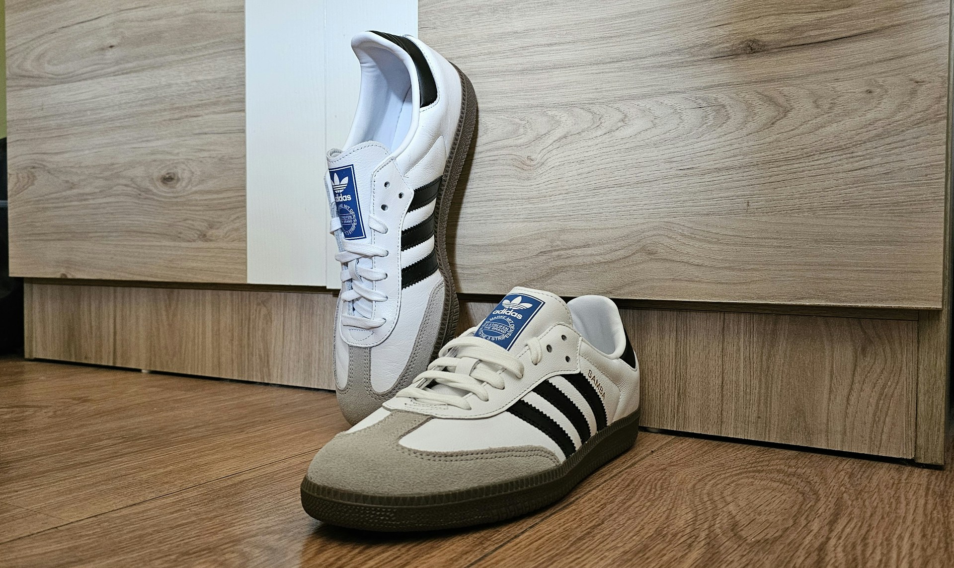 adidas shoes leaning against wall