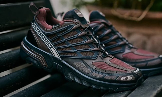 salomon sneakers on park bench